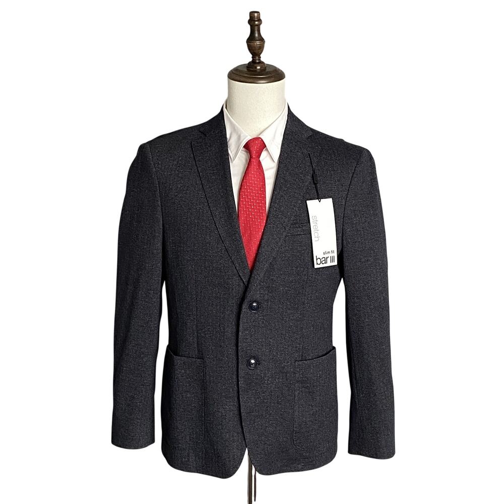 Bar III Sport Coat Men's 40 Short Slim Fit Stretch Dark Blue Herringbone NWT